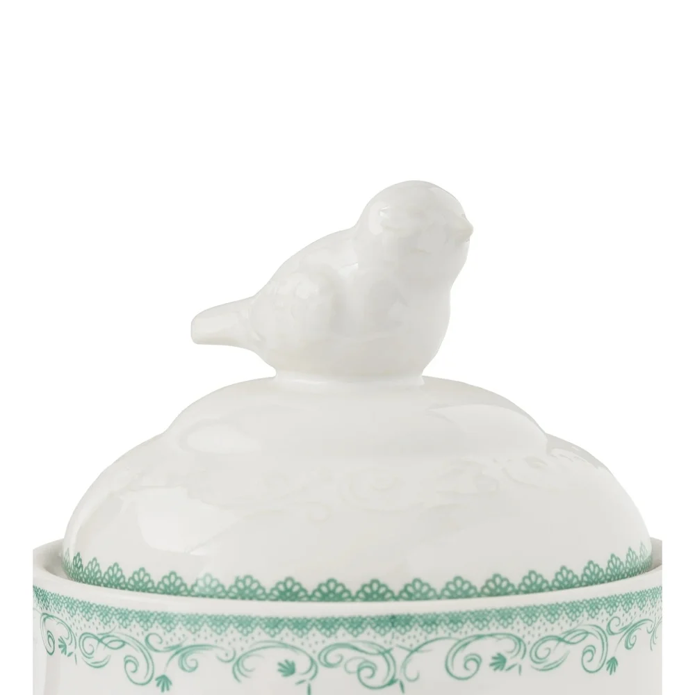 💜 New Pioneer Woman Agatha Green and White Serveware Sugar Bowl With Lid